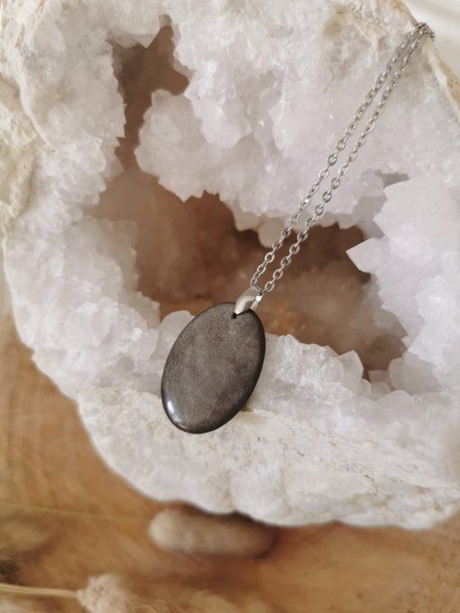 Collier obsidienne argentée 